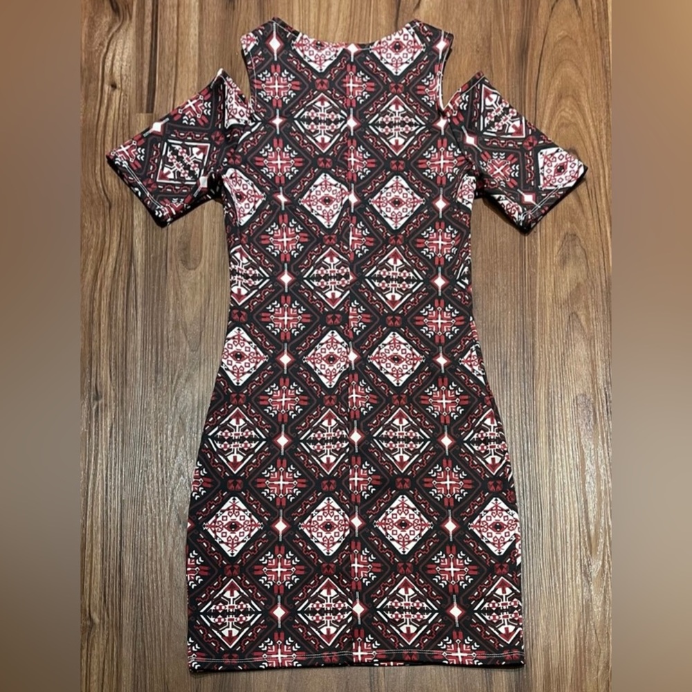 Divided Maroon Patterned Short Casual Summer Dres… - image 2